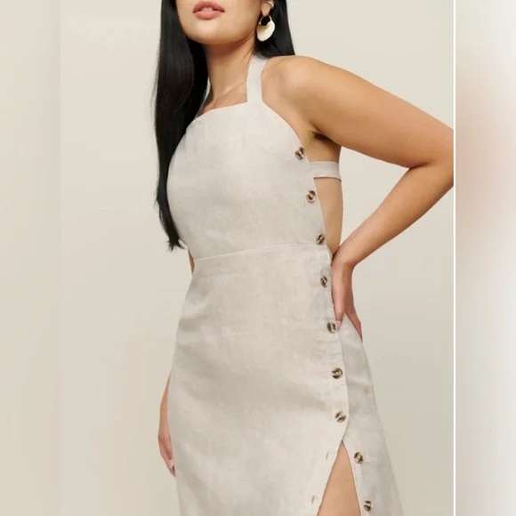 Reformation Beige Halter Midi Dress with Side Buttons - Picture 5 of 10